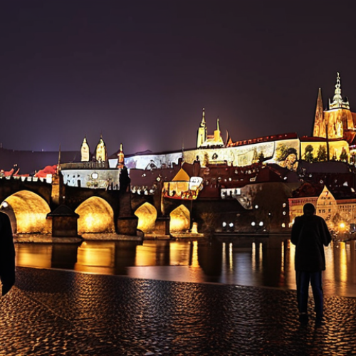 Home 11 Prague cityscape at night, red rooftops, Charles Bridge, Prague Castle illuminated, romantic atmosphere, buskers.