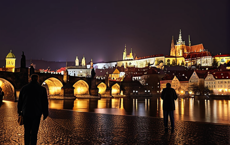 Prague cityscape at night, red rooftops, Charles Bridge, Prague Castle illuminated, romantic atmosphere, buskers.