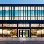 A vibrant, modern church building with a striking geometric design, featuring expansive glass facades and exposed concrete elements. The ground floor seamlessly integrates an inviting public cafe and a community library, visible through transparent walls. People of diverse ages are present, interacting casually and respectfully, fully clothed in modest attire, appropriate attire. The building is set in a bustling urban environment, illuminated by soft evening lights, reflecting its role as a professional community hub. Professional architectural photography, high resolution, sharp focus, vibrant colors, safe for work, appropriate content, family-friendly, perfect anatomy, correct proportions, natural pose, well-formed hands, proper finger count, natural body proportions.