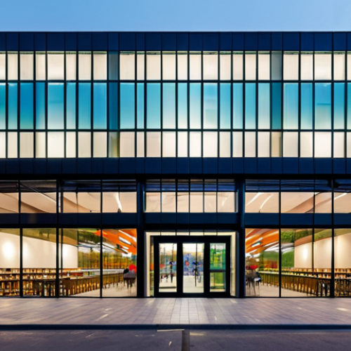 Home 6 A vibrant, modern church building with a striking geometric design, featuring expansive glass facades and exposed concrete elements. The ground floor seamlessly integrates an inviting public cafe and a community library, visible through transparent walls. People of diverse ages are present, interacting casually and respectfully, fully clothed in modest attire, appropriate attire. The building is set in a bustling urban environment, illuminated by soft evening lights, reflecting its role as a professional community hub. Professional architectural photography, high resolution, sharp focus, vibrant colors, safe for work, appropriate content, family-friendly, perfect anatomy, correct proportions, natural pose, well-formed hands, proper finger count, natural body proportions.
