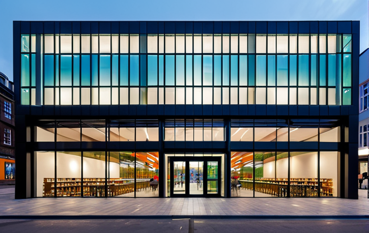 A vibrant, modern church building with a striking geometric design, featuring expansive glass facades and exposed concrete elements. The ground floor seamlessly integrates an inviting public cafe and a community library, visible through transparent walls. People of diverse ages are present, interacting casually and respectfully, fully clothed in modest attire, appropriate attire. The building is set in a bustling urban environment, illuminated by soft evening lights, reflecting its role as a professional community hub. Professional architectural photography, high resolution, sharp focus, vibrant colors, safe for work, appropriate content, family-friendly, perfect anatomy, correct proportions, natural pose, well-formed hands, proper finger count, natural body proportions.